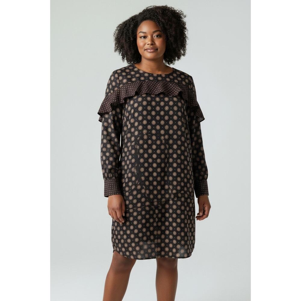 Banana Republic Navy 100% Silk Foulard Print Ruffle Long Sleeve Dress Sz 8 - Picture 5 of 16